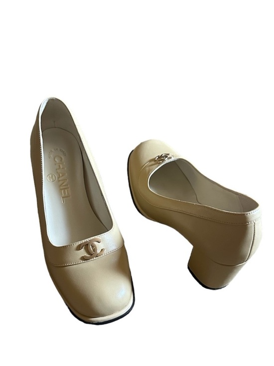 CHANEL Shoes - Chanel Beige Leather Low Block Heel Pumps